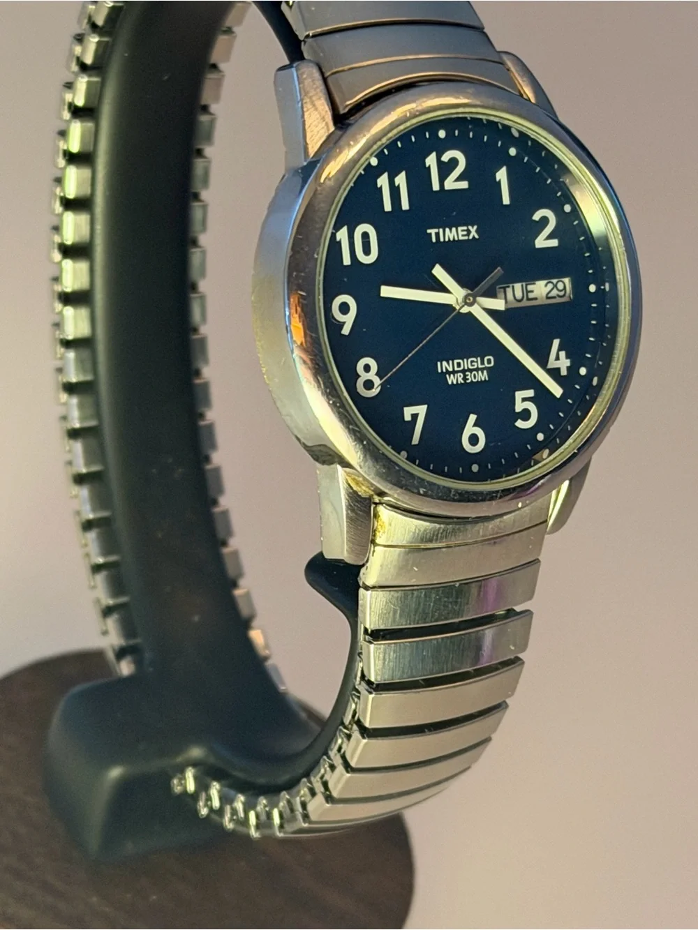 Timex Indiglo Blue Dial Day/Date Watch with Silver Expansion Band - New Battery